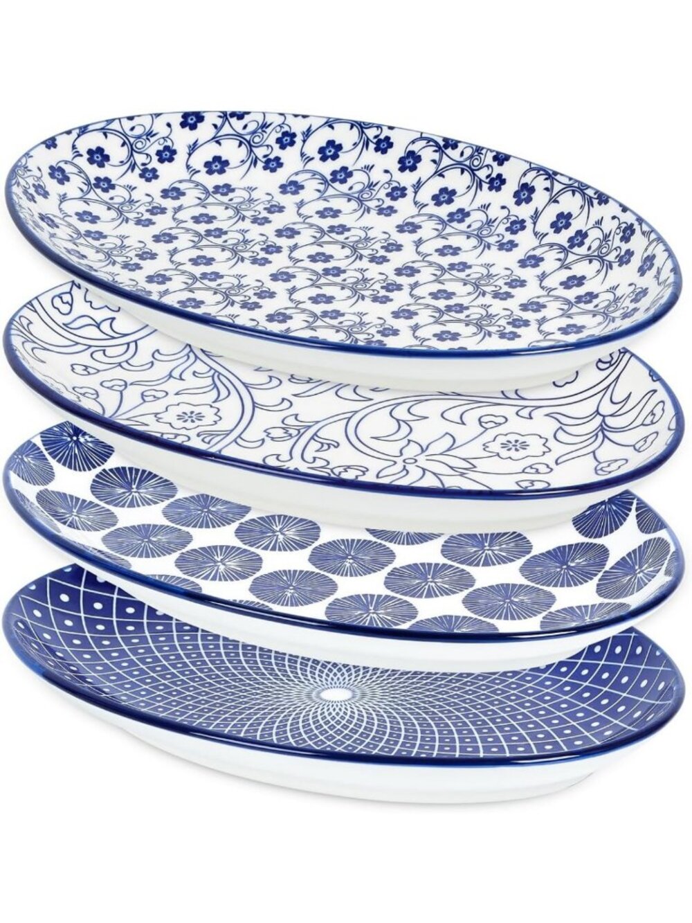Vintage Blue Ceramic Serving Platters Set of 4 - Oval 12 Inch Dinnerware
